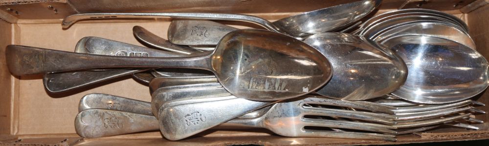 A set of six Edwardian silver Old English pattern dessert forks, Walker and Hall, Sheffield, 1908 & 11 other items of silver flatware.